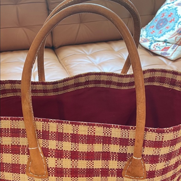 OOAK Gingham raffia and genuine leather giant Red and Tan Checkered Tote Bag - Picture 12 of 13